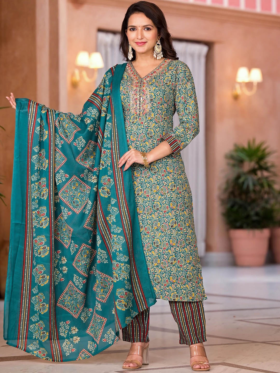 

Juniper Ethnic Motifs Printed Thread Work Kurta with Trousers & Dupatta, Green