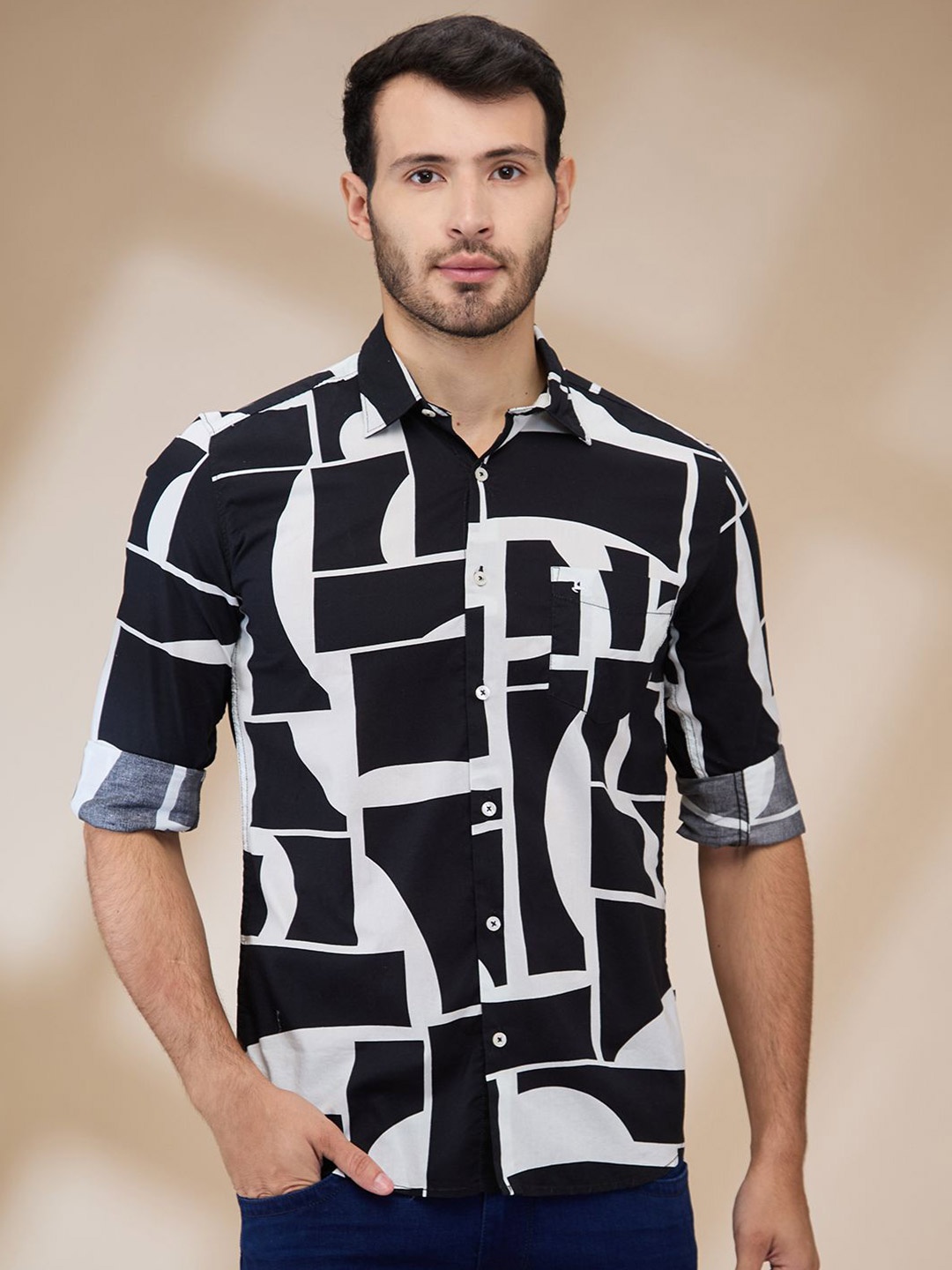 

Parx Men Spread Collar Geometric Printed Cotton Slim Fit Casual Shirt, Black