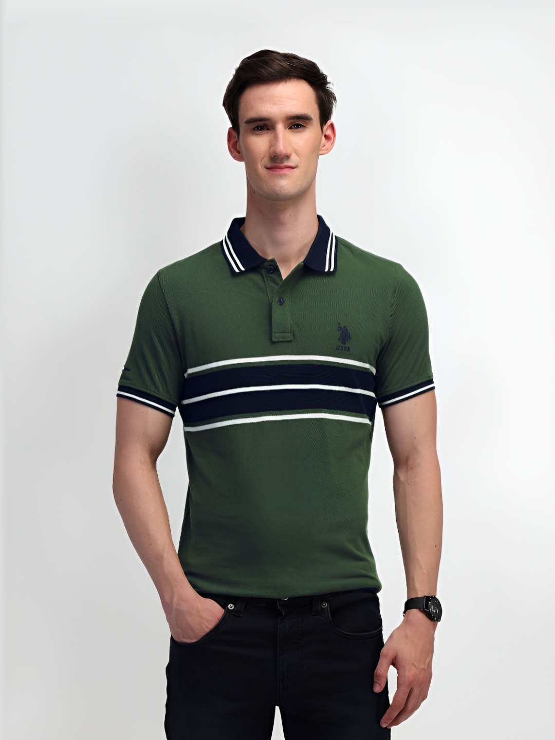 

U.S. Polo Assn. Denim Co. Men Striped Pure Cotton Slim Fit T-shirt, Olive