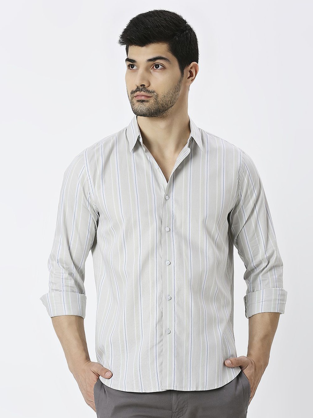 

MARK & ALBERT Men India Slim Spread Collar Vertical Striped Cotton Casual Shirt, Grey