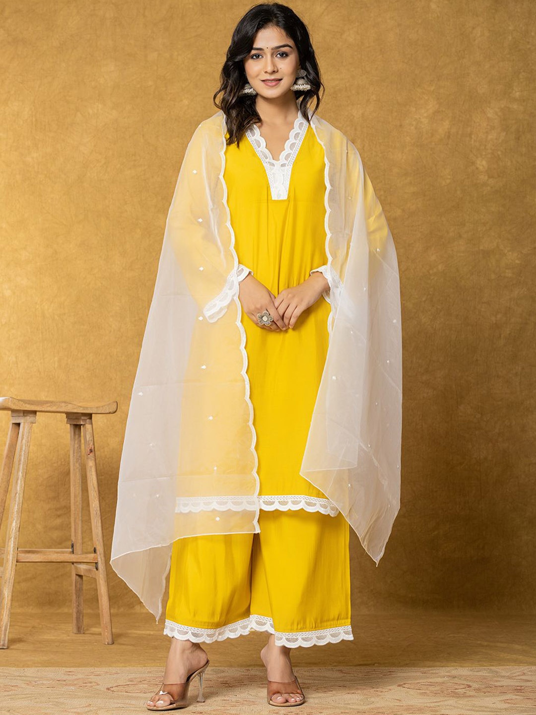 

Yufta V-Neck Regular Kurta With Palazzos & Dupatta, Yellow