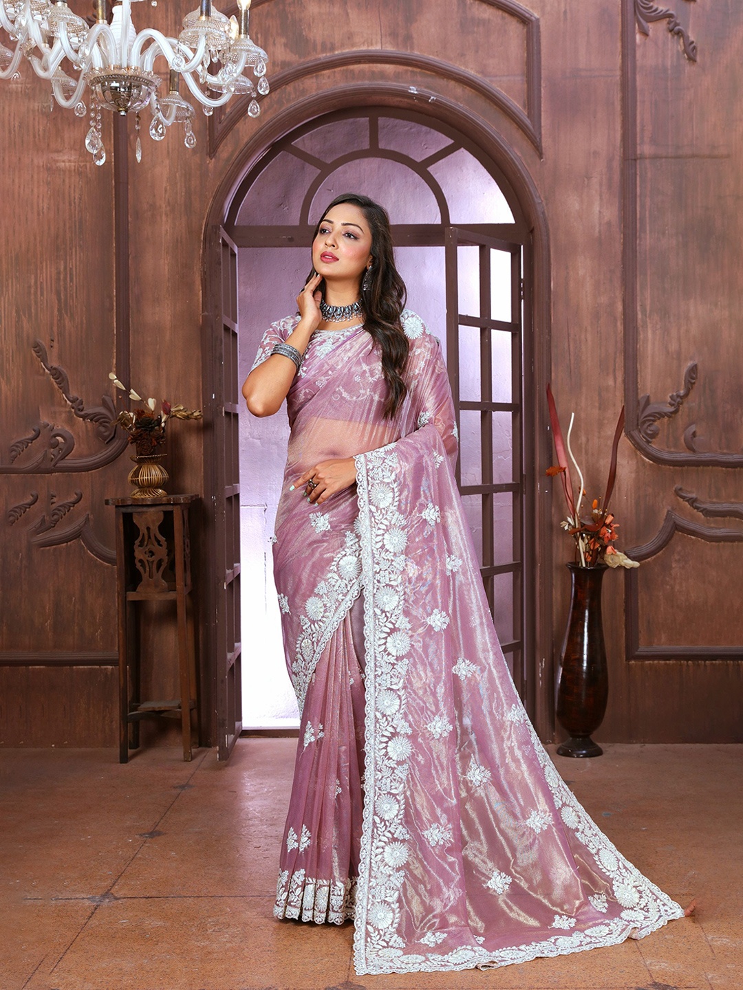 

Arron Creats Embellished Embroidered Net Heavy Work Saree, Purple