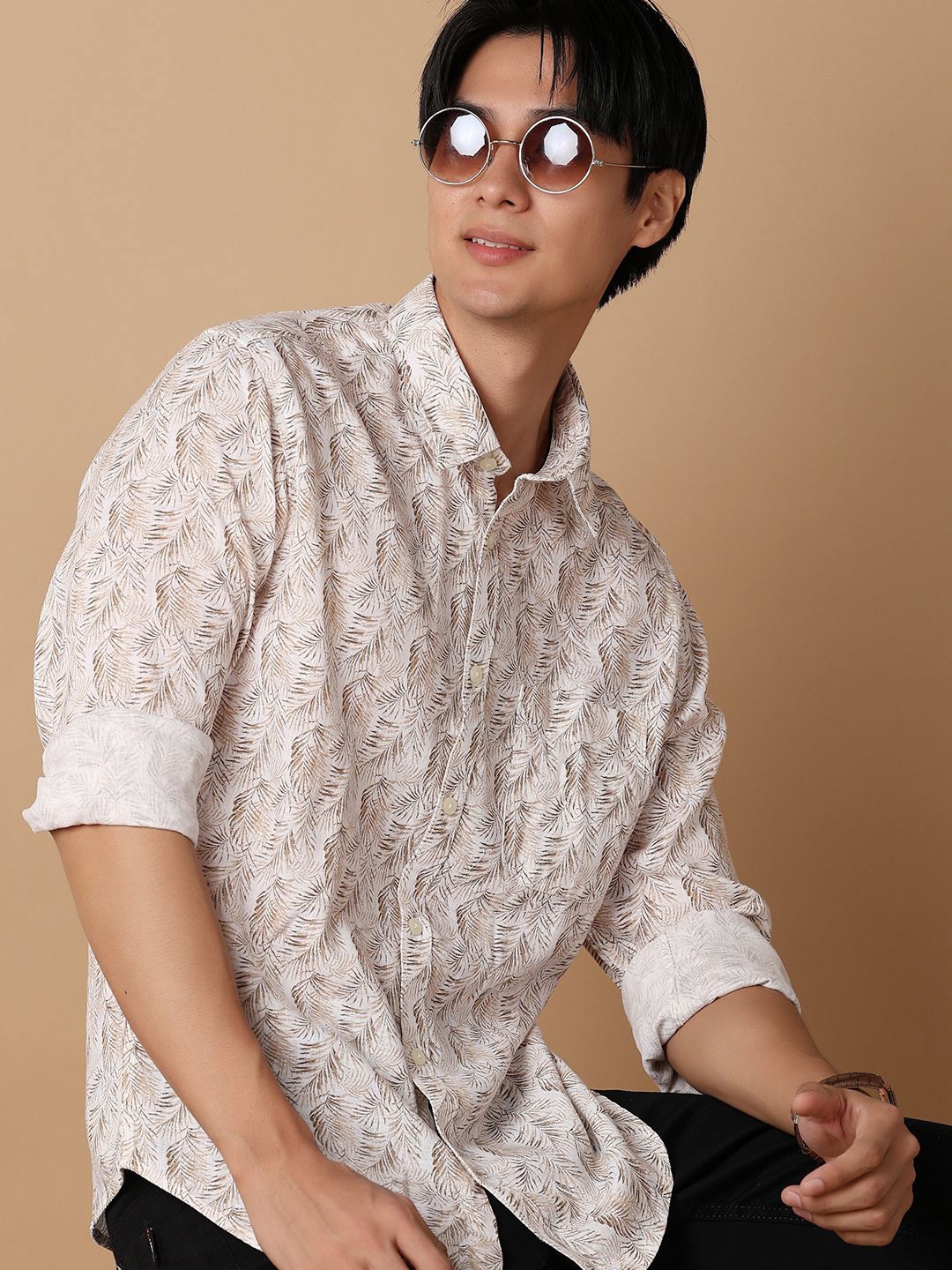 

V-Mart Men Classic Spread Collar Floral Checked Cotton Casual Shirt, Beige