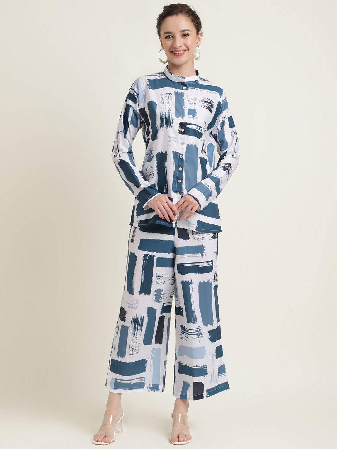 

ZARI Abstract Printed Mandarin Collar Shirt With Trousers, White