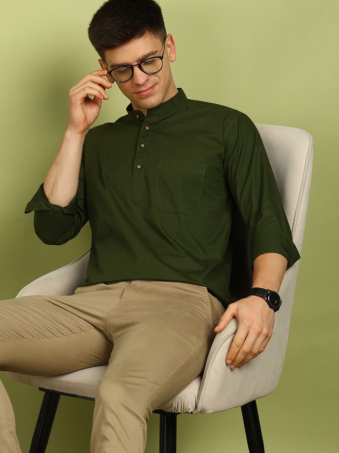 

FUBAR Mandarin Collar Pure Cotton Straight Short Kurta, Green