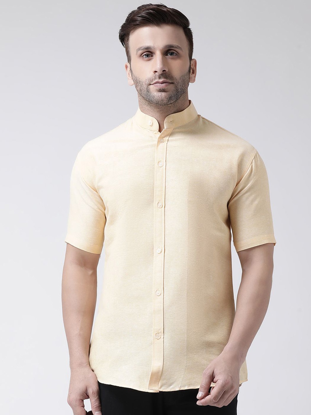 

KLOSET BY RIAG Men Classic Band Collar Solid Cotton Casual Shirt, Beige