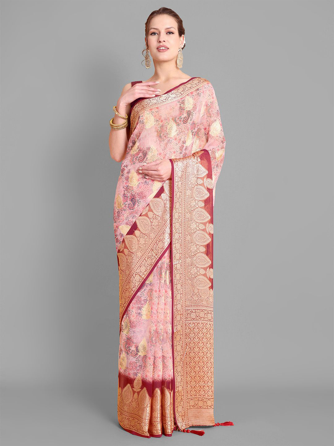 

Ishin Woven Design Zari Saree, Pink