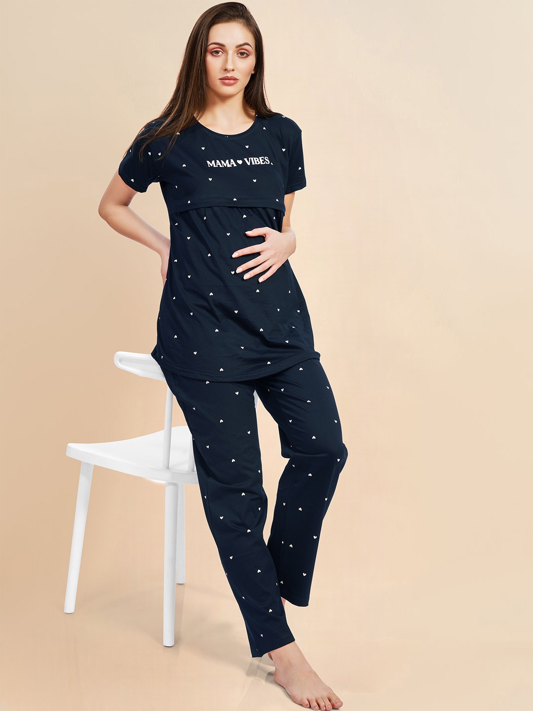 

PASTEL CLIP Women Geometric Printed Pure Cotton Night suit, Navy blue