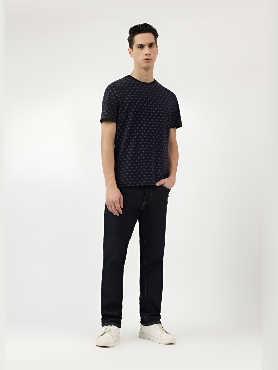 

Marks & Spencer Men Geometric Printed Round Neck Cotton T-shirt, Navy blue