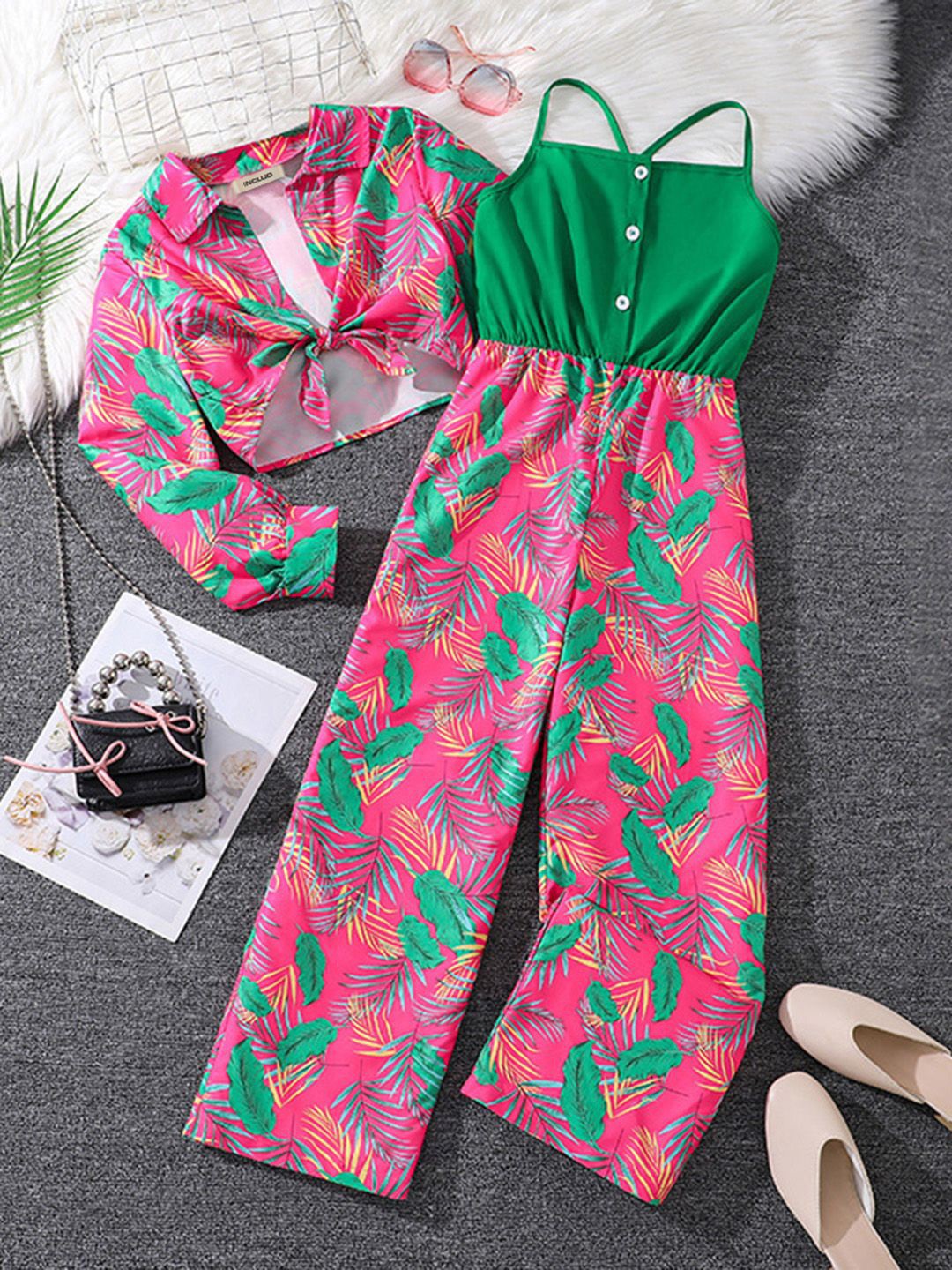 

INCLUD Girls Printed Basic Jumpsuit, Pink