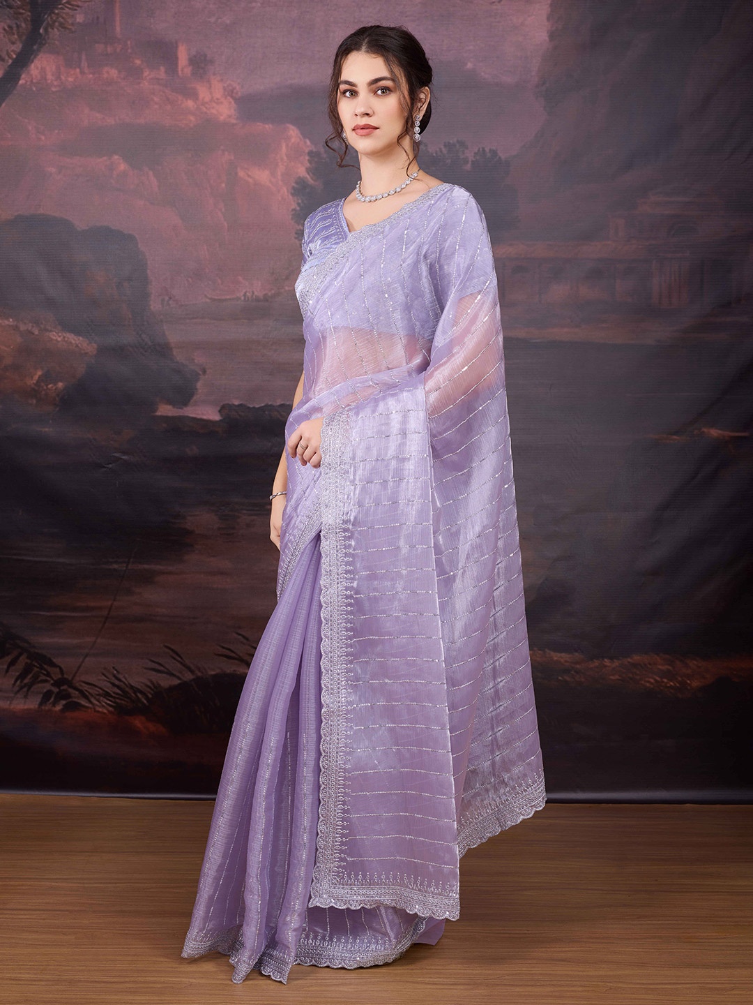 

House of Pataudi Embroidered Saree With Blouse Piece, Lavender