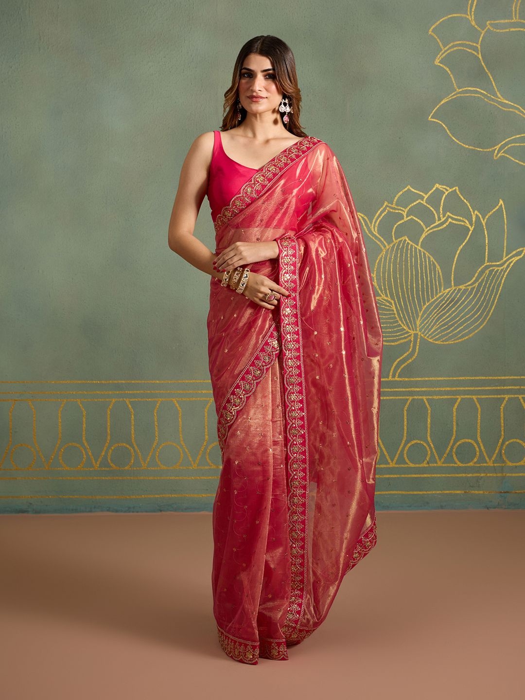 

Likha Floral Embroidered Net Saree, Pink