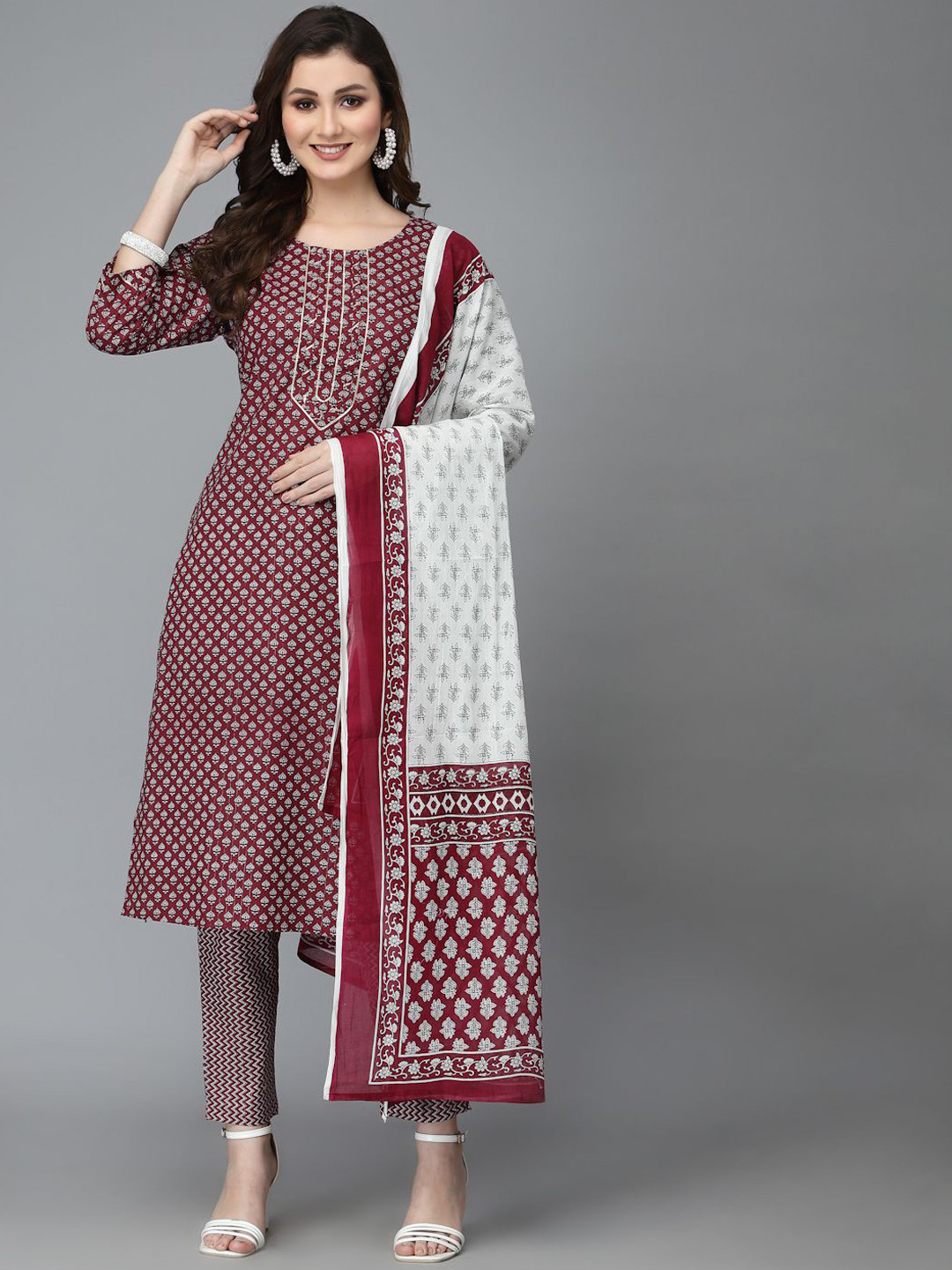 

His&Her Floral Printed Pure Cotton Kurta with Trousers & Dupatta, Maroon