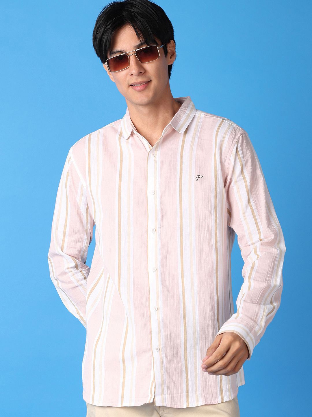 

V-Mart Men Classic Spread Collar Vertical Stripes Checked Cotton Slim Fit Casual Shirt, Pink