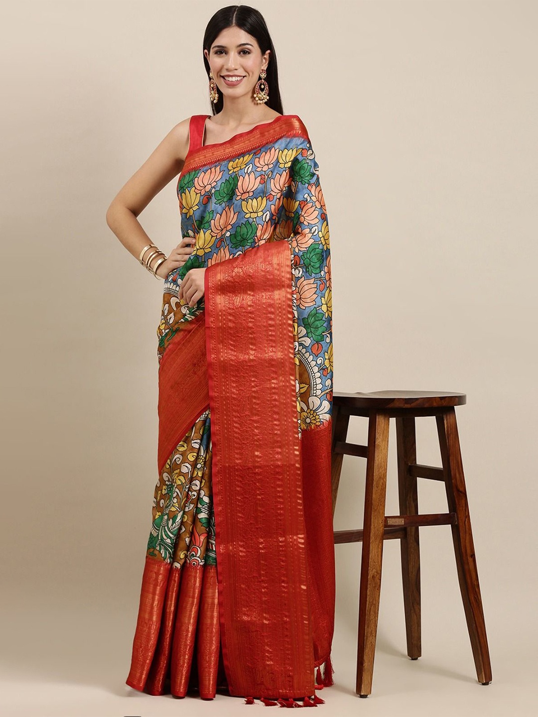 

Zeekha Kalamkari Printed Pure Silk Heavy Work Kanjeevaram Saree, Blue