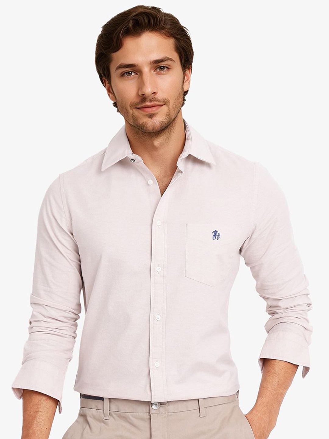 

RARE RABBIT Men Comfort Spread Collar Solid Cotton Formal Shirt, Beige