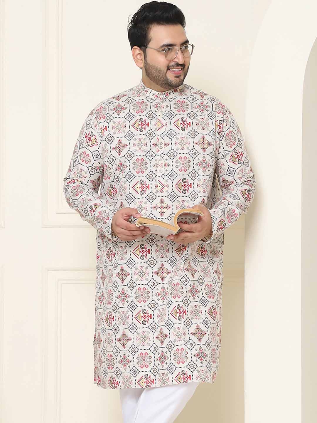 

SOJANYA PLUS Ethnic Motifs Printed Band Collar Straight Cotton Linen Kurta, Cream