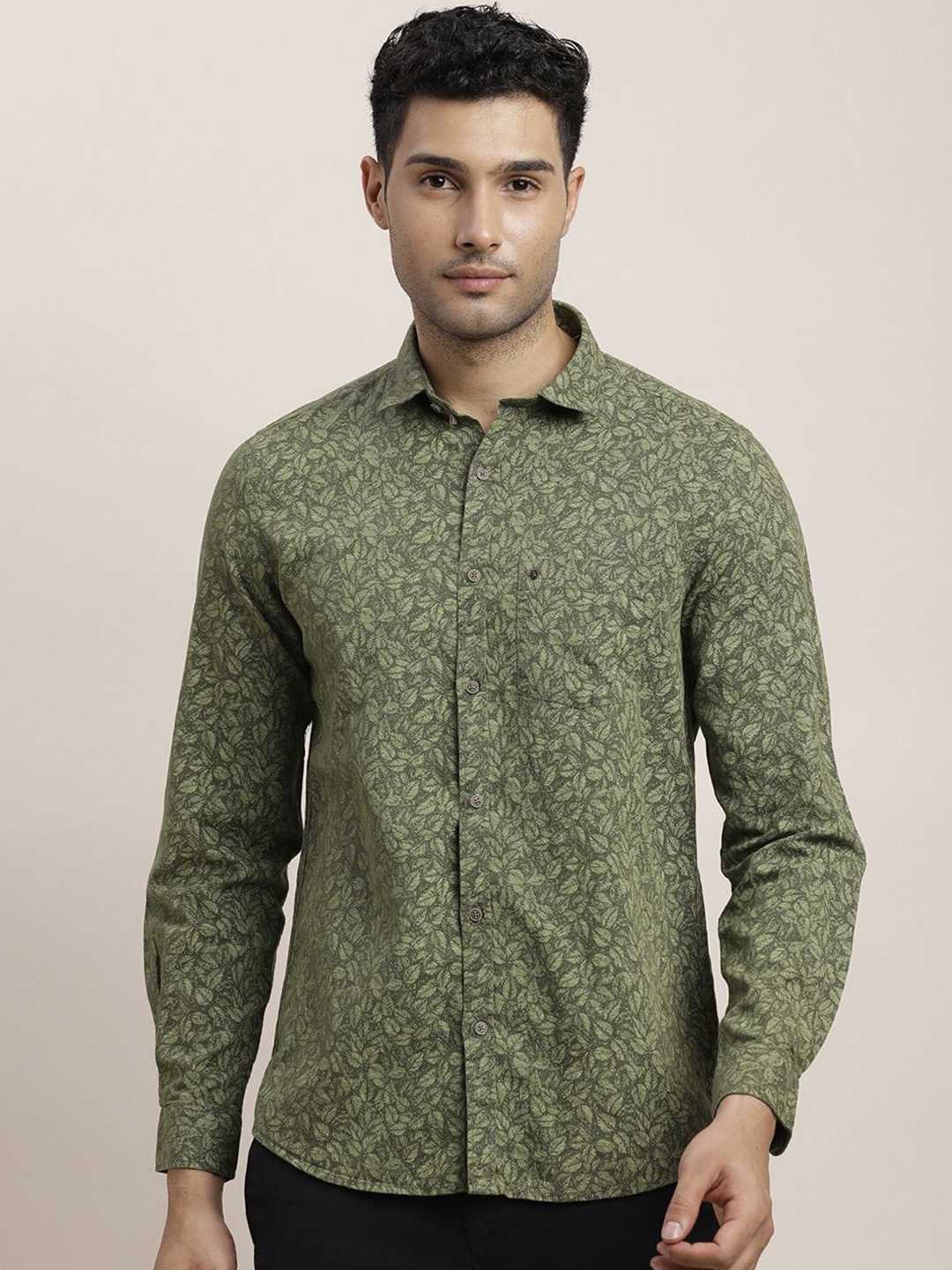 

Turtle Men Relaxed Spread Collar Floral Printed Cotton Linen Slim Fit Casual Shirt, Green