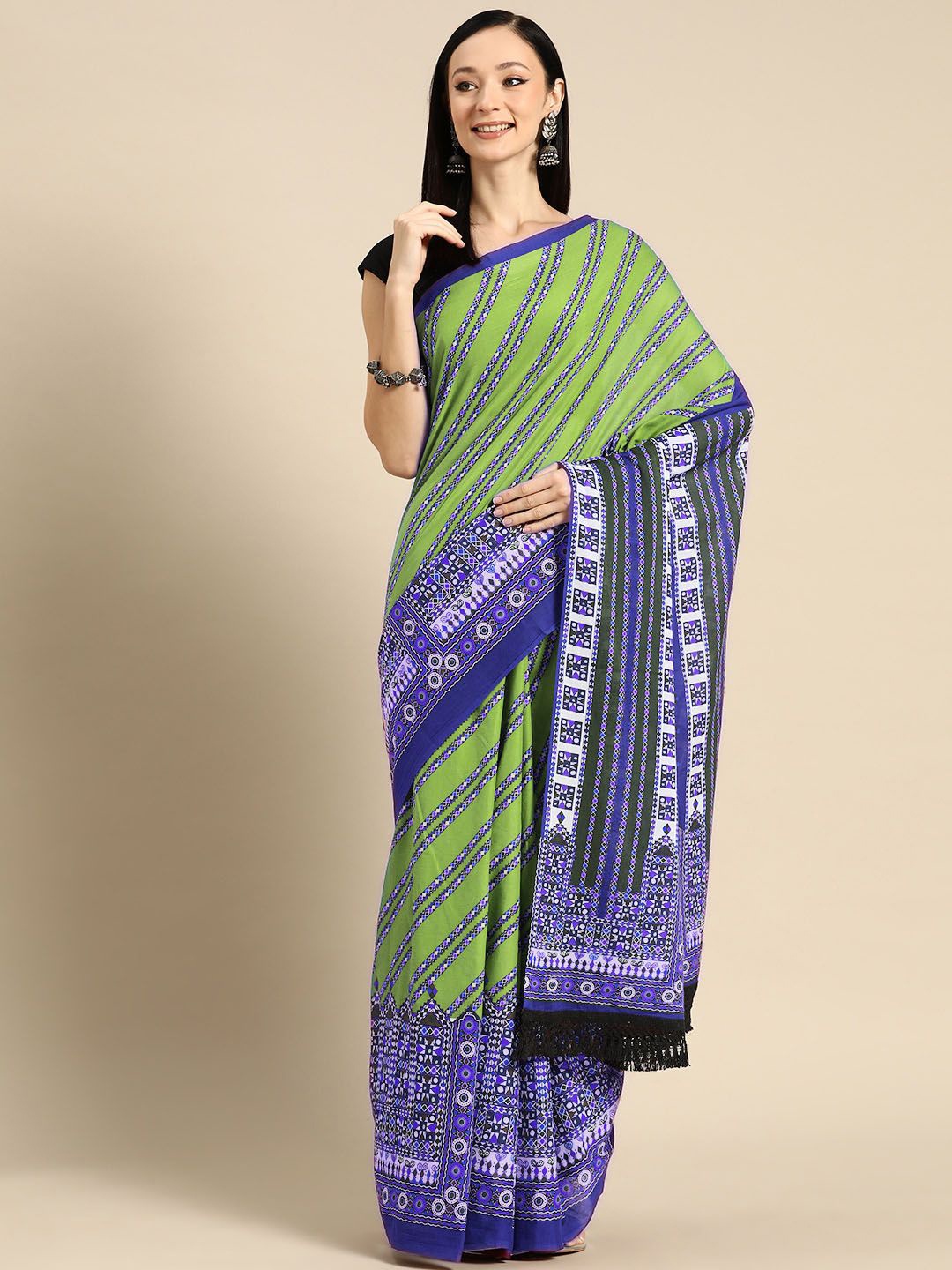

BUTA BUTI Striped Printed Pure Cotton Saree, Purple