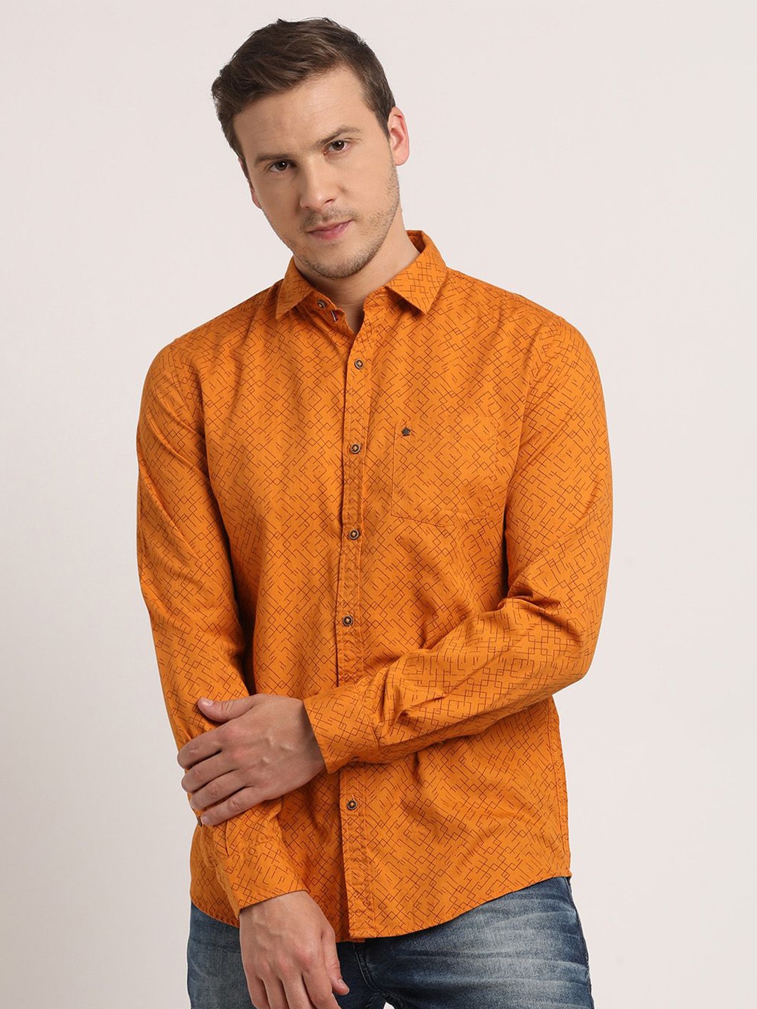 

Turtle Men Relaxed Spread Collar Abstract Printed Cotton Slim Fit Casual Shirt, Yellow