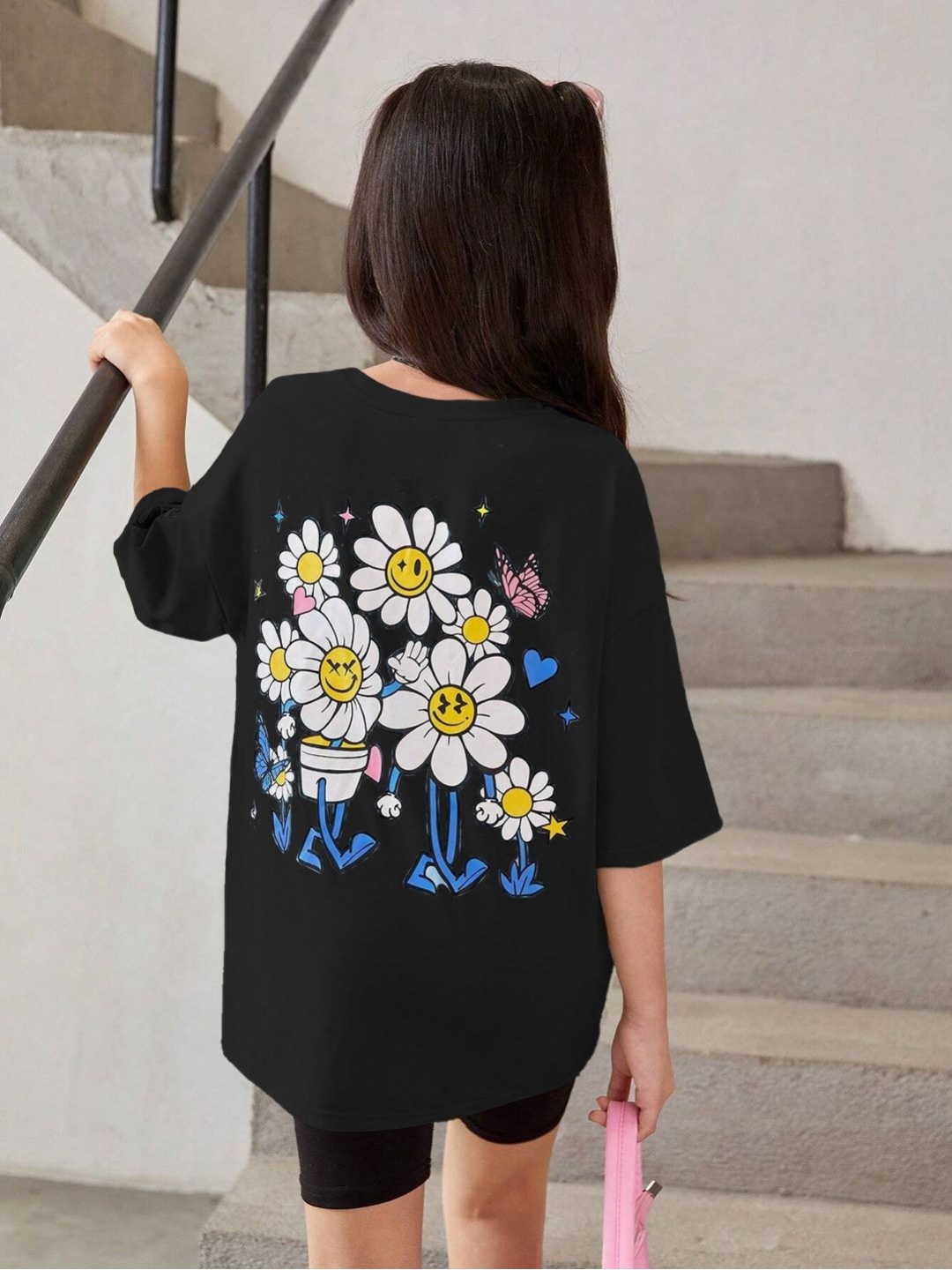 

Kotty Girls Graphic Printed Round Neck Cotton Oversized T-shirt, Black