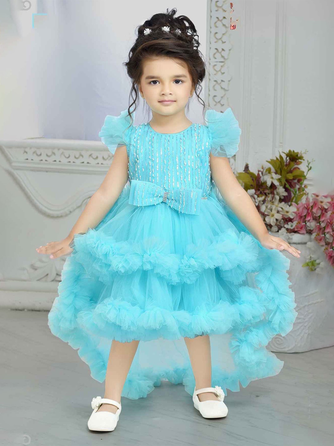 

Lagorii Kids-Girls Embellished Flutter Sleeve Fit & Flare Dress, Blue