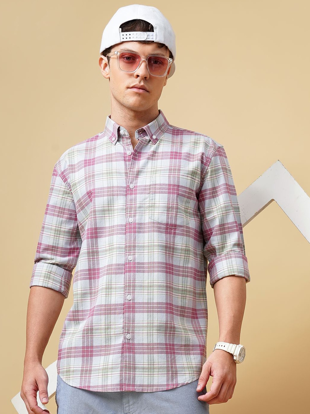 

British Club Men Standard Button-Down Collar Tartan Checked Cotton Casual Shirt, Green