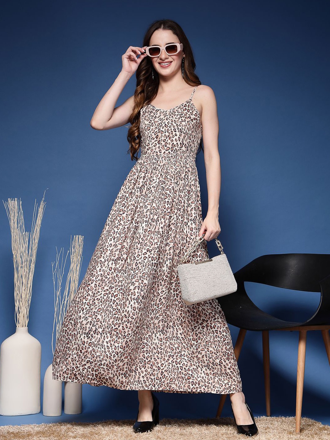 

DAEVISH Women Animal Printed Shoulder Straps Maxi Dress, Brown