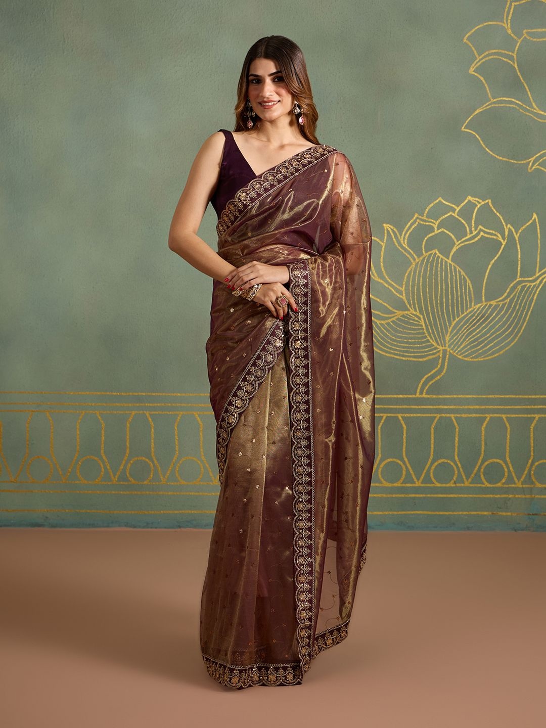 

Likha Ethinic Motif Embellished Embroidered Net Festive Saree, Brown