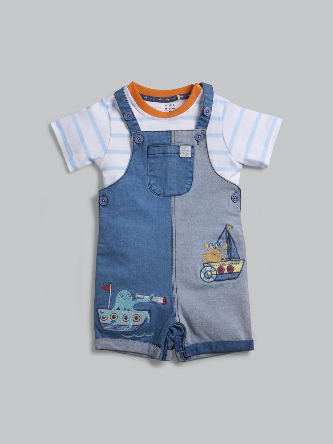 

Ed-a-Mamma Baby Boys Striped Cotton Dungaree With T-Shirt, Blue