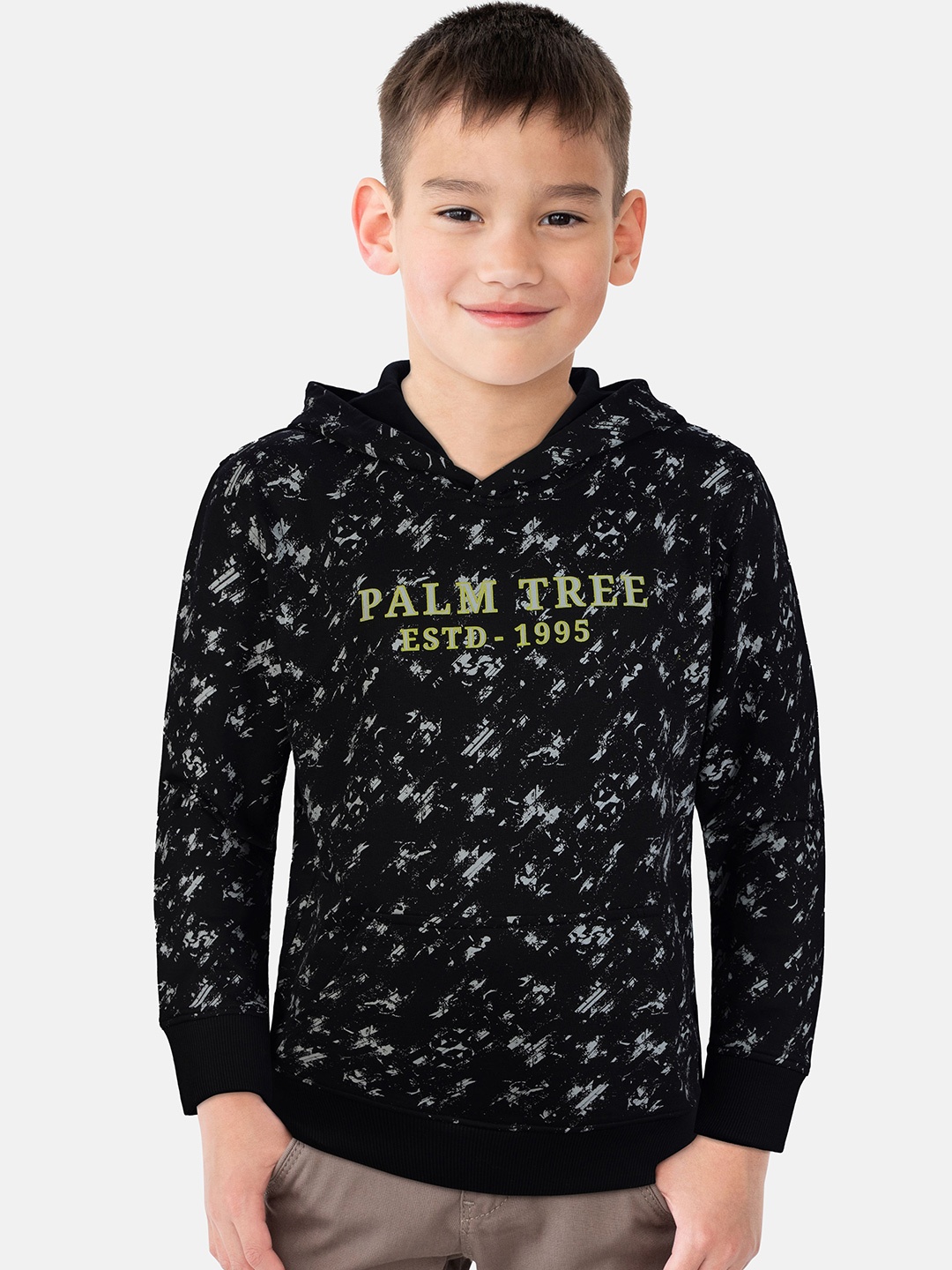 

Palm Tree Boys Brand Logo Printed Hooded Cotton Pullover Sweatshirt, Black