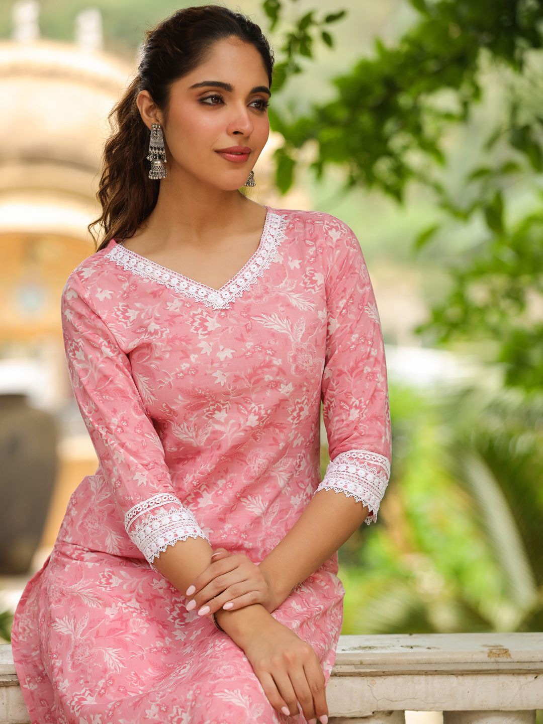 

Janasya Floral Printed Pure Cotton Straight Kurta & Trousers, Pink