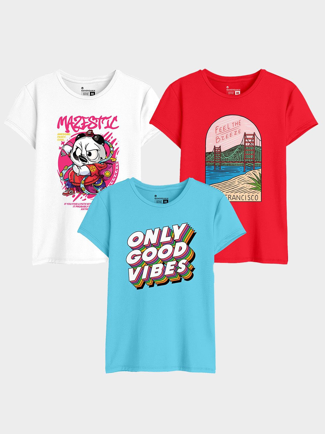 

BonOrganik Women Pack Of 3 Graphic Printed Round Neck Cotton T-shirts, White