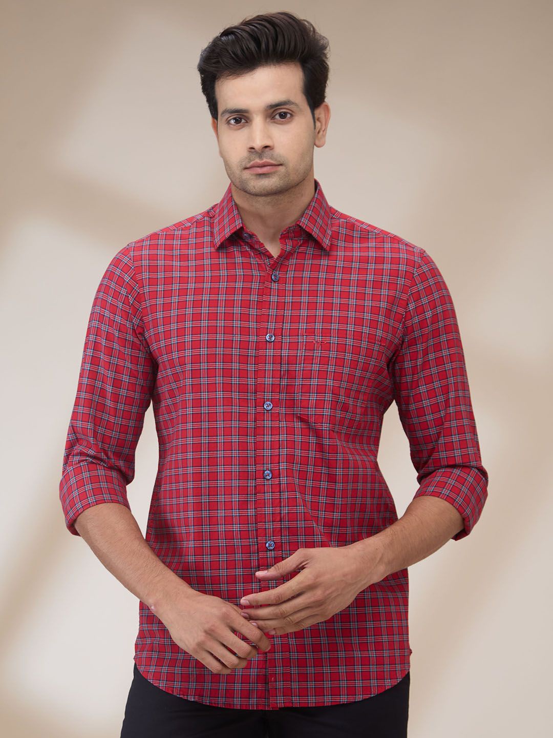 

ColorPlus Men Spread Collar Tartan Checked Cotton Casual Shirt, Red