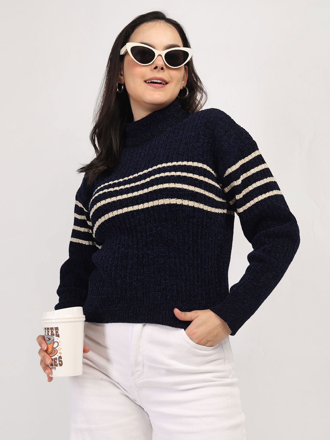 

CHKOKKO Women Striped Woollen Pullover, Navy blue