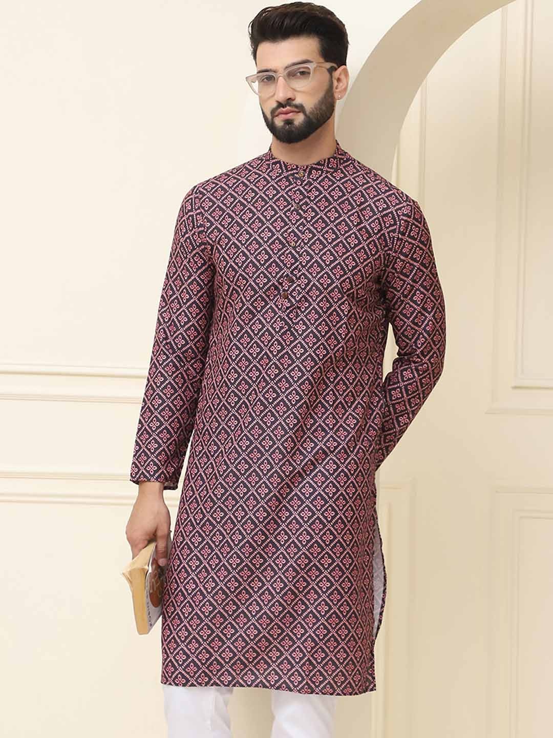 

SOJANYA Ethnic Motifs Printed Band Collar Pure Cotton Straight Kurta, Black