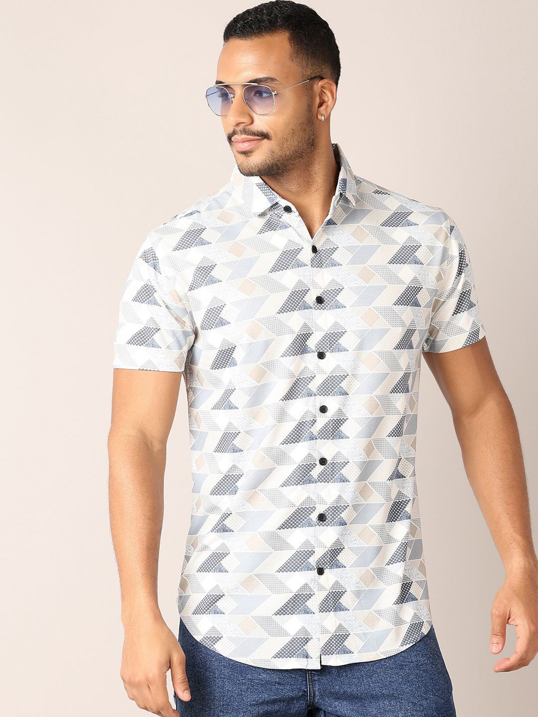 

V-Mart Men Classic Spread Collar Abstract Printed Cotton Casual Shirt, White