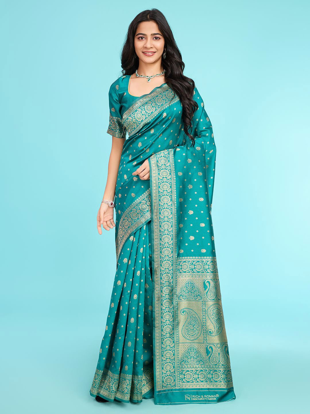 

RICH & ROMAN Woven Design Zari Pure Silk Banarasi Saree, Teal