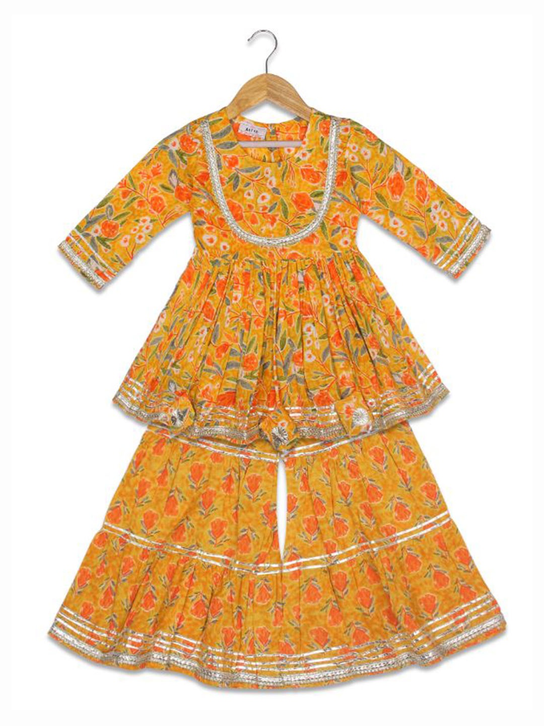 

AATYA KIIDS Girls Printed Empire Gotta Patti Pure Cotton Anarkali Kurti with Sharara, Yellow