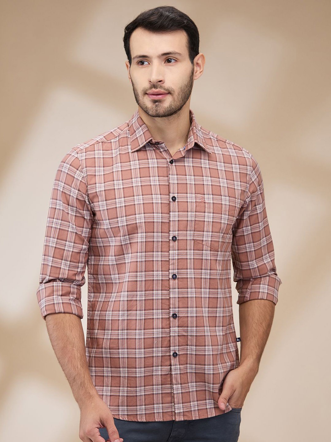 

Parx Men Spread Collar Tartan Checked Cotton Slim Fit Casual Shirt, Red