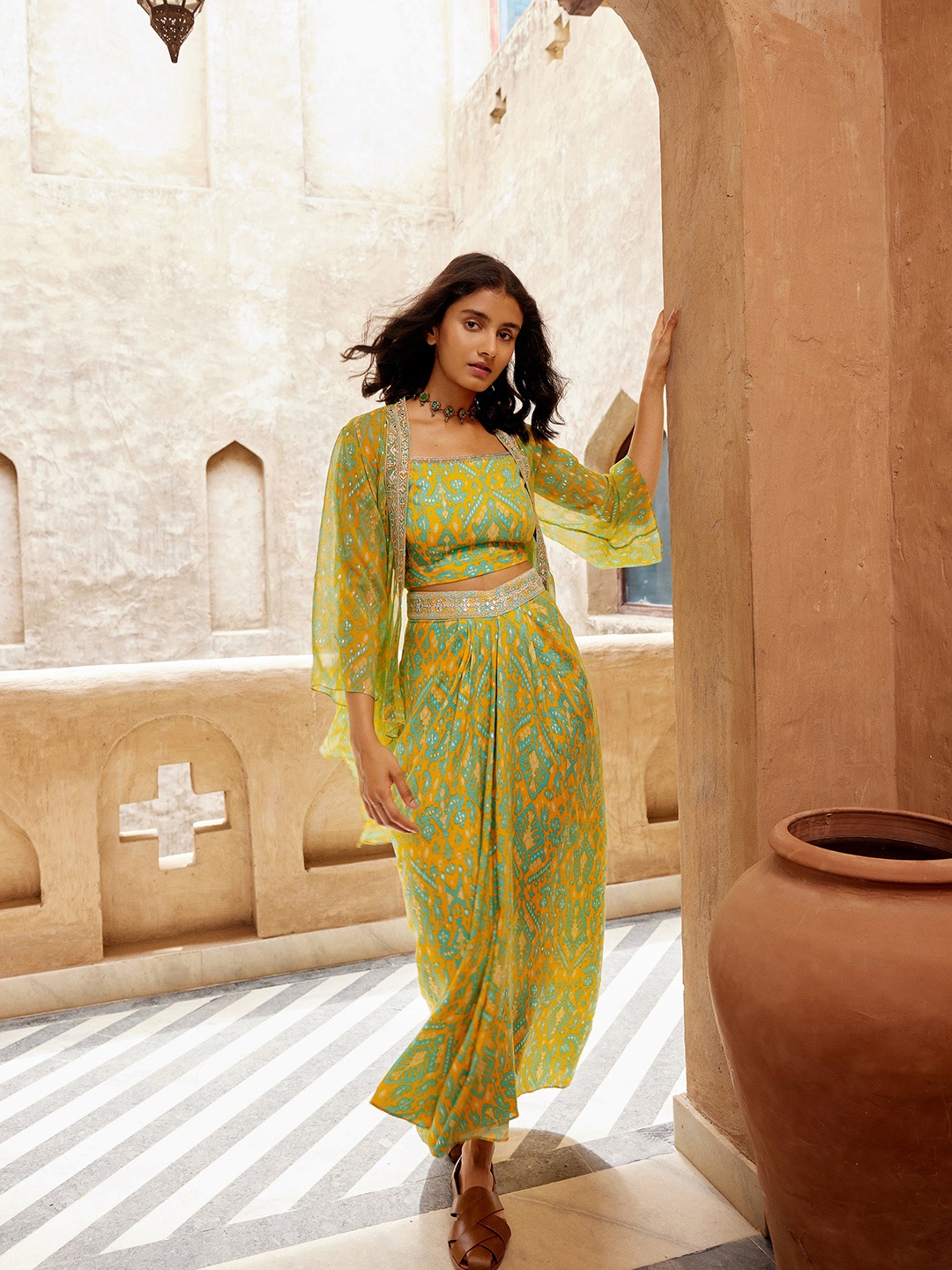 

Global Desi Printed Top With Skirts & Shrug, Mustard