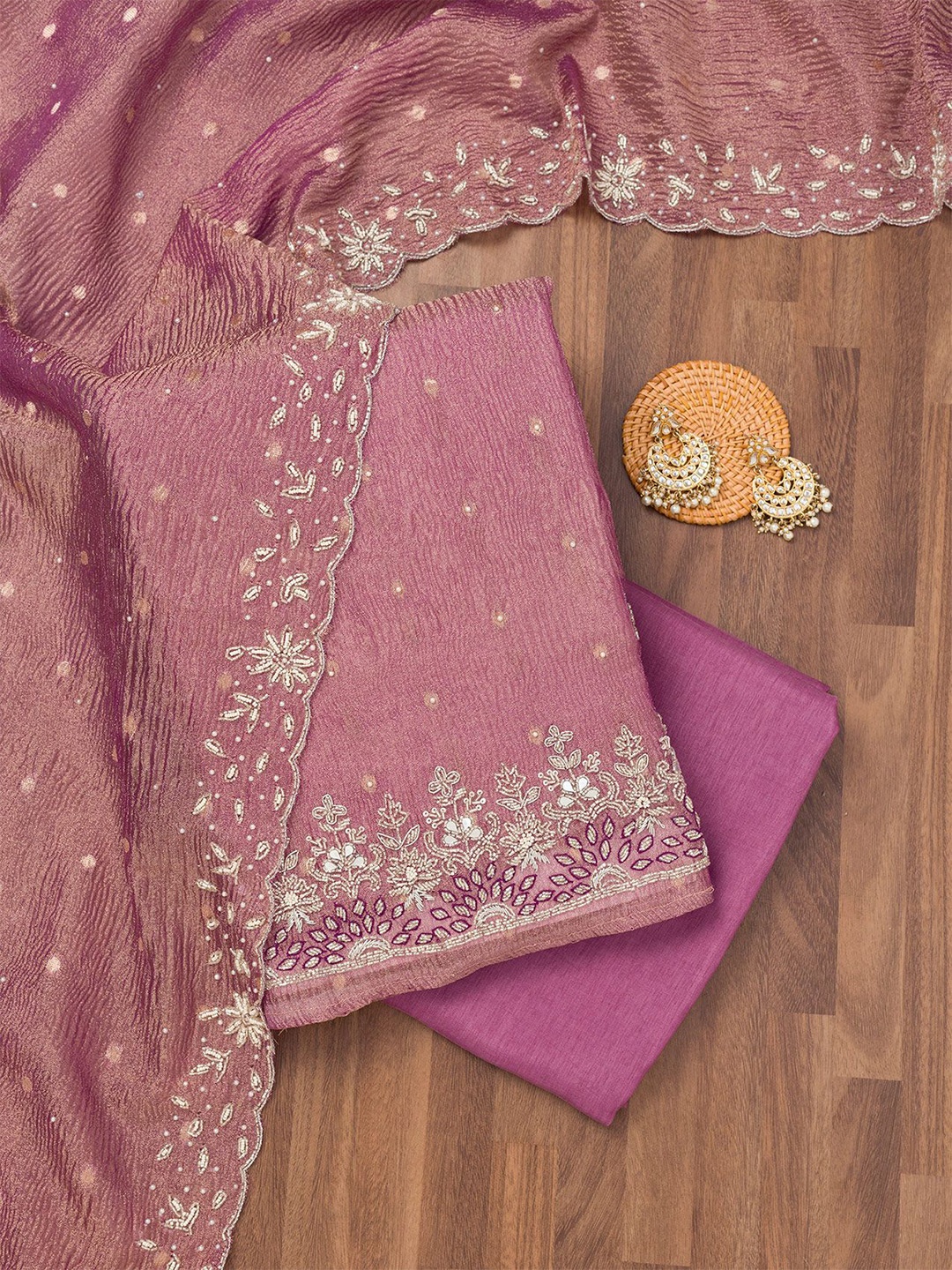 

Koskii Floral Embroidered Zardozi Unstitched Dress Material, Purple