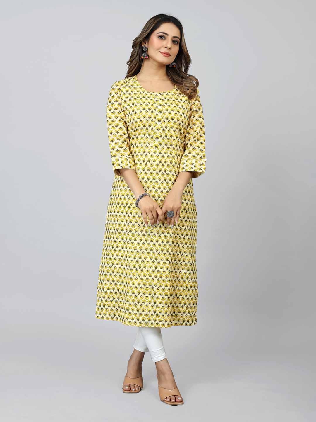 

SARRAS Floral Printed Round Neck Roll-Up-Sleeves Cotton Straight Kurta, Yellow