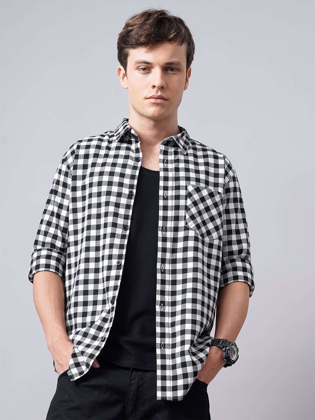 

British Club Men Standard Spread Collar Gingham Checked Cotton Casual Shirt, Black