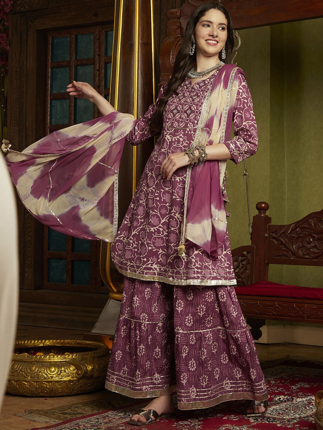 

BANDIA Floral Printed Mirror Work Pure Cotton A-Line Kurta With Sharara & Dupatta, Purple