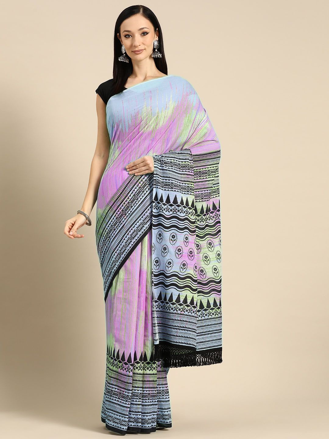 

BUTA BUTI Women Pure Cotton Abstract Printed Saree, Blue
