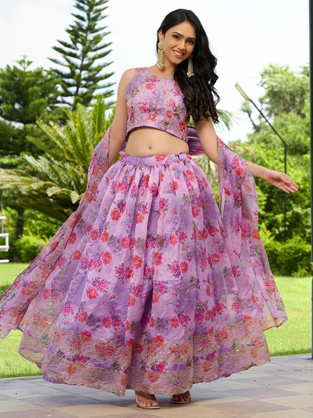 

HOUSE OF JAMOTI Iris Printed Sequinned Ready to Wear Lehenga & Blouse With Dupatta, Purple
