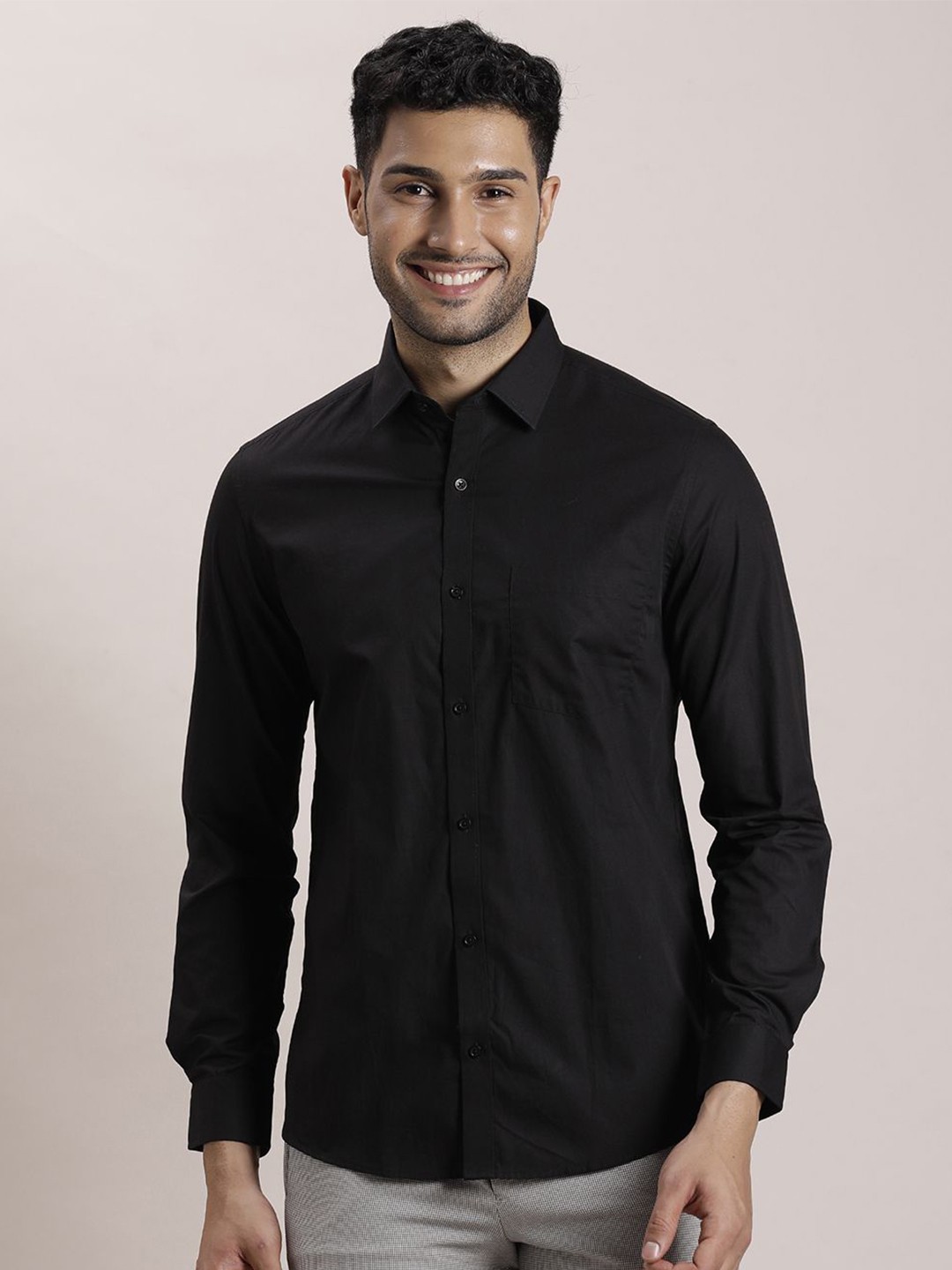 

Turtle Men Classic Spread Collar Solid Cotton Slim Fit Formal Shirt, Black