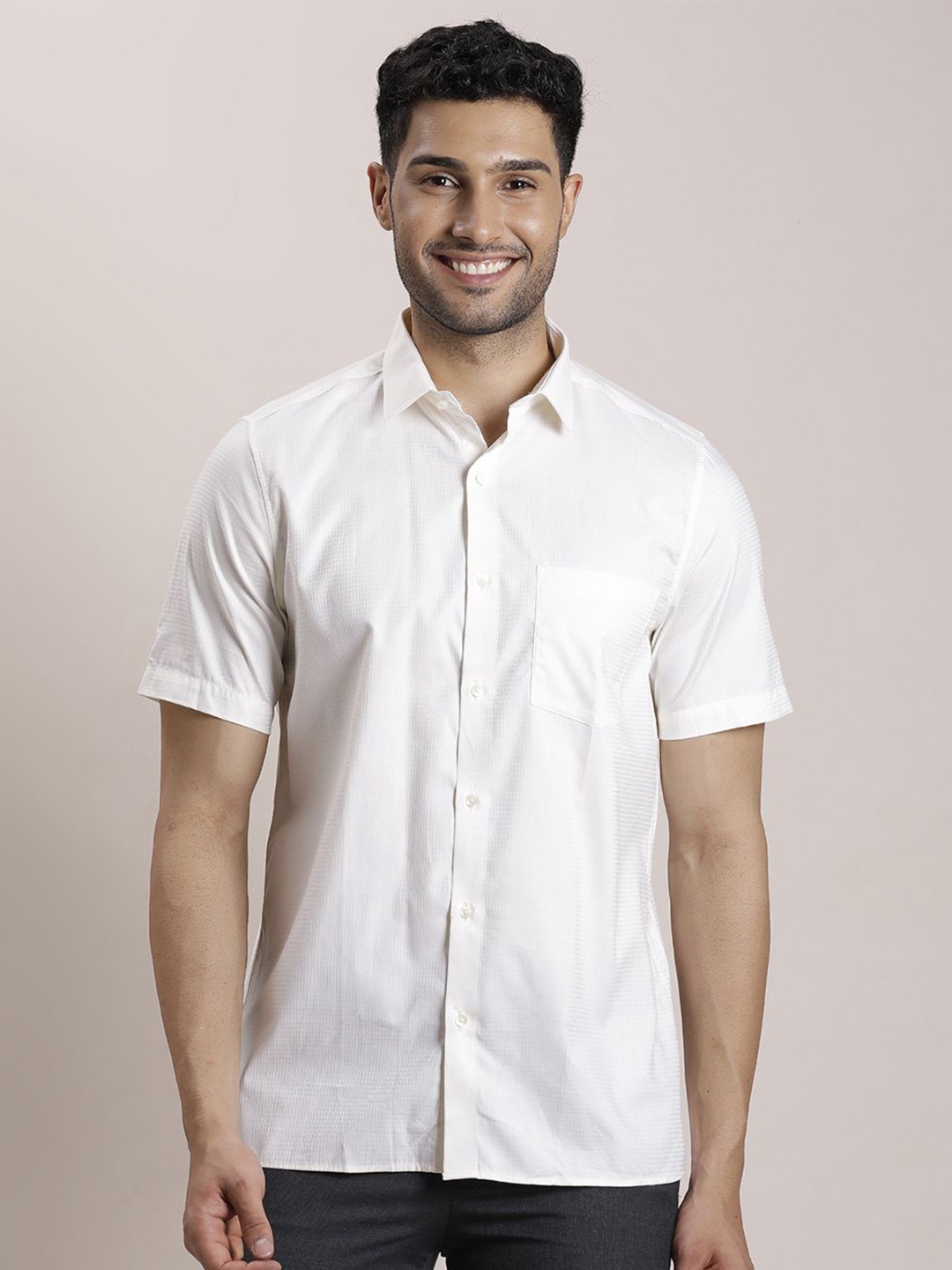 

Turtle Men Classic Spread Collar Solid Cotton Formal Shirt, Off white
