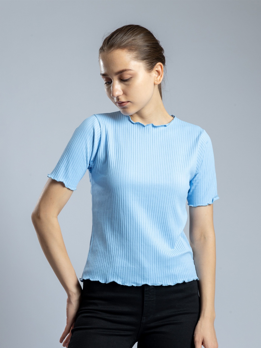 

Redamancii Women Solid Round Neck Polycotton Top, Blue